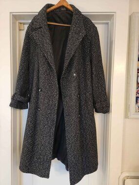 Black Herringbone Wool Tweed Overcoat